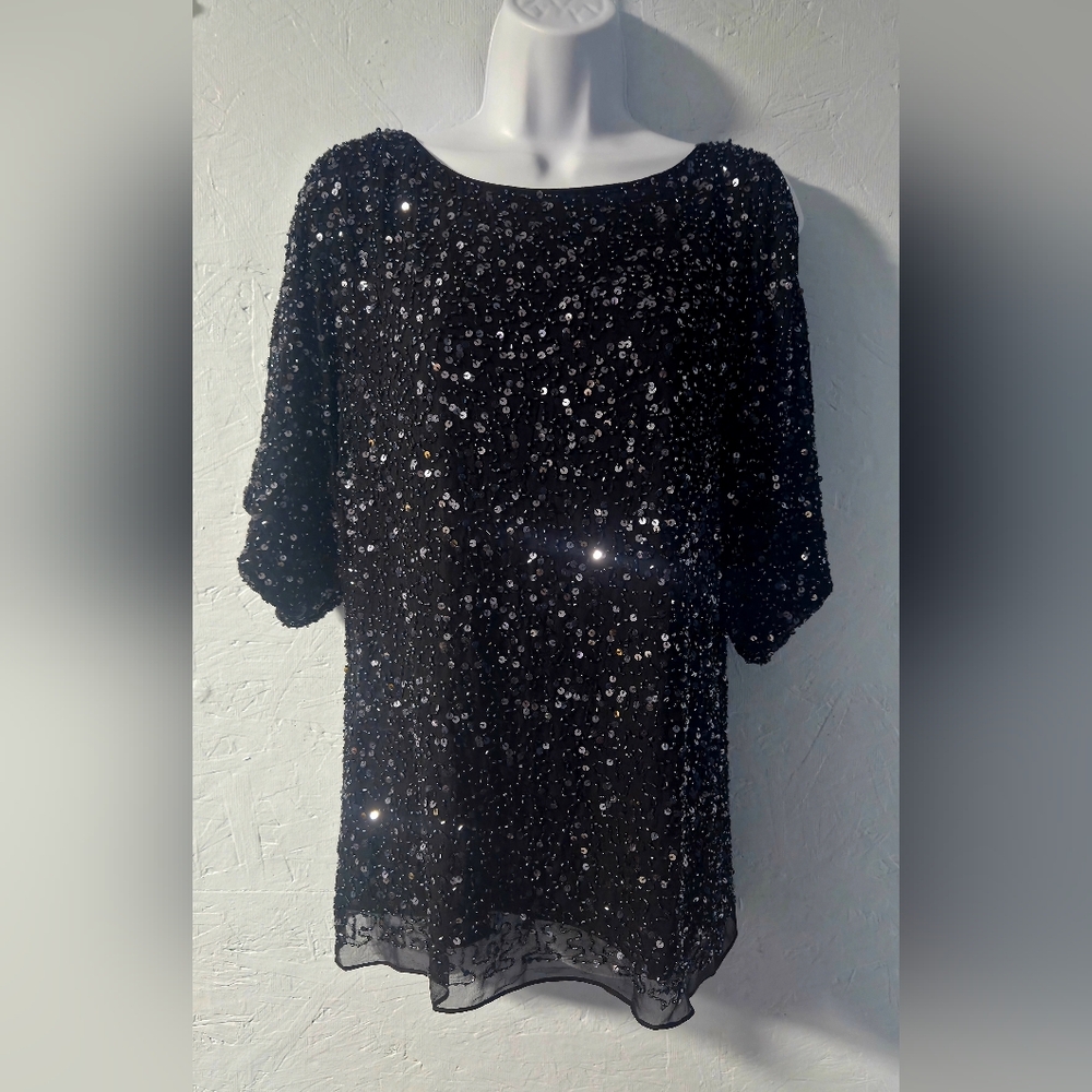 Adrianna Papell Black Sequined & Beaded Cold Shoulder Top - M